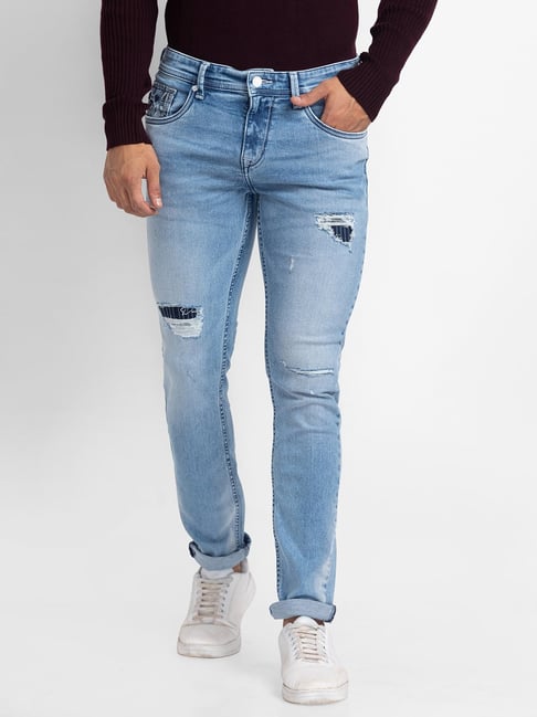 Spykar Mid Blue Cotton Slim Fit Narrow Length Jeans For Men (Skinny) -  skn02bb14midblue