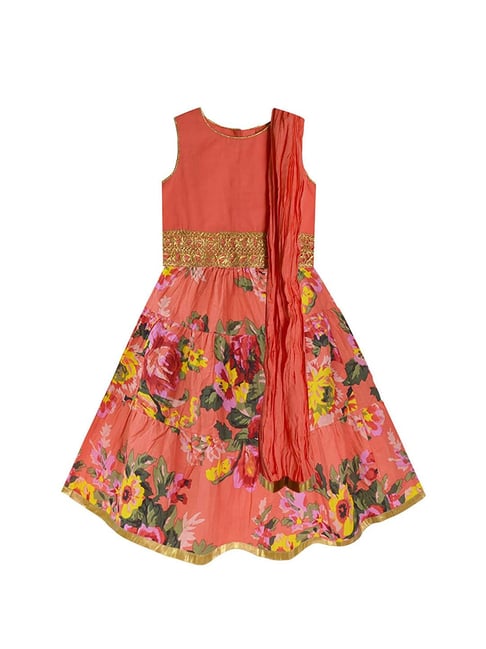 A.T.U.N. Peach Floral Print Lehenga with Blouse & Dupatta-picture-48