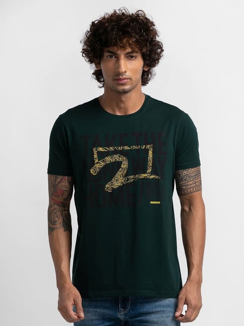 Spykar Green Cotton Slim Fit Printed T-Shirt