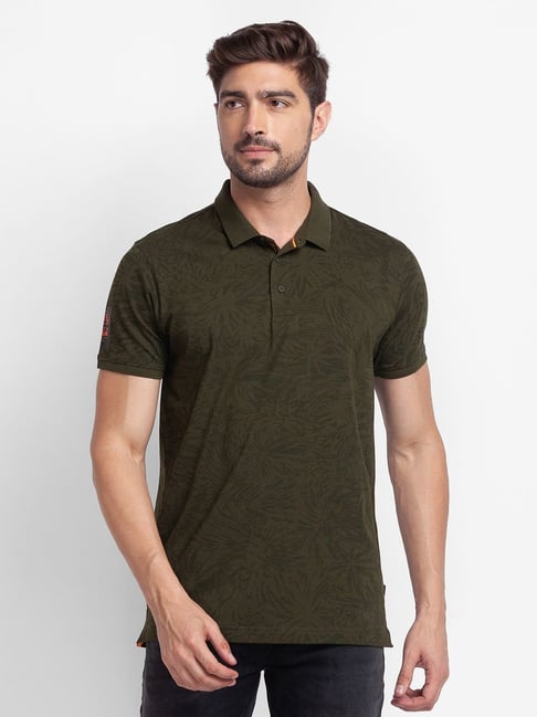 Spykar Green Cotton Slim Fit Printed Polo T-Shirt