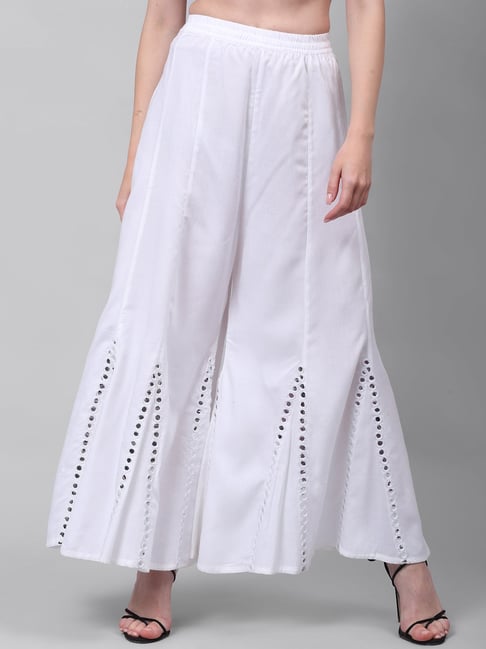 Women Cream Solid Relaxed Gold Print Palazzo Pants with Elastic Drawstring  (Free Size) - MENSIMPRESSION - 3878129