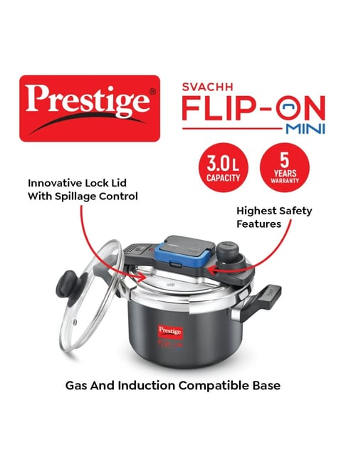 Prestige Svachh Flip-on Mini Black Silver Stainless Steel Pressure Cooker  with Glass Lid (3L)