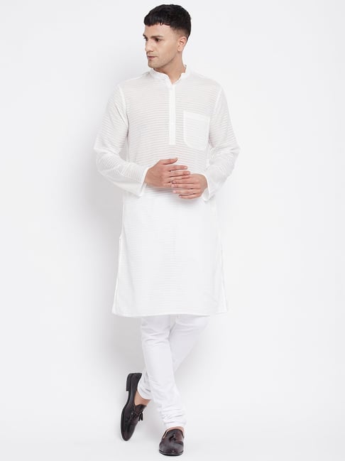 Even White Striped Mandarin Collar Kurta