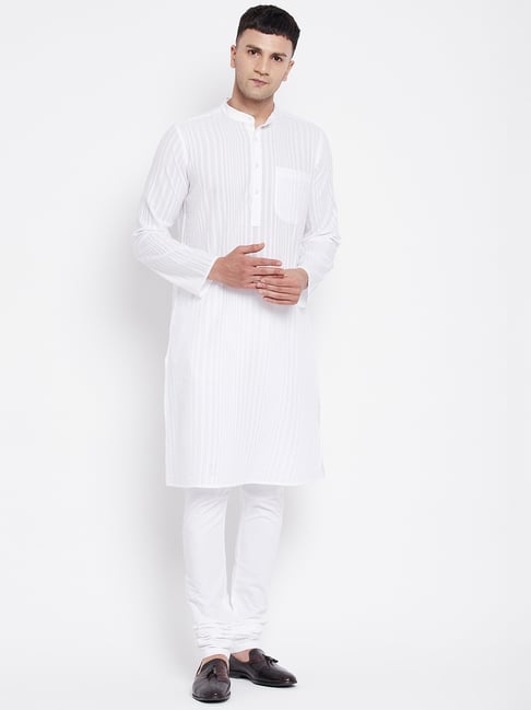 Even White Striped Mandarin Collar Kurta