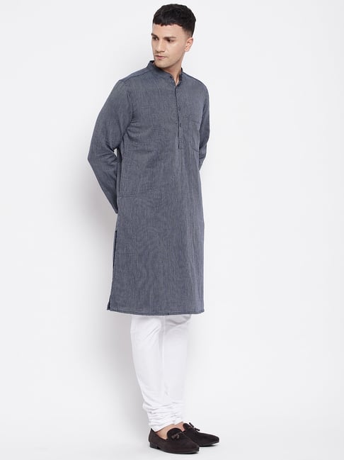 Even Dark Grey Striped Mandarin Collar Kurta