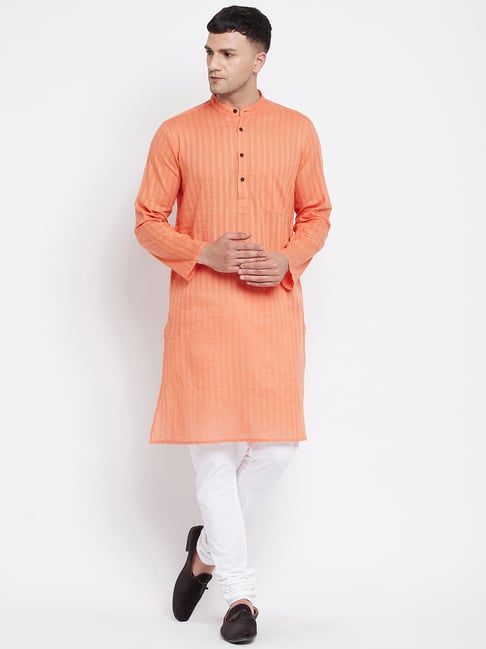 Even Orange Striped Mandarin Collar Kurta