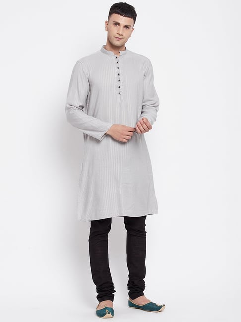 Even Grey Striped Mandarin Collar Kurta