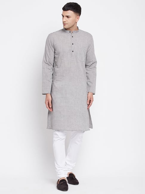 Even Grey Striped Mandarin Collar Kurta