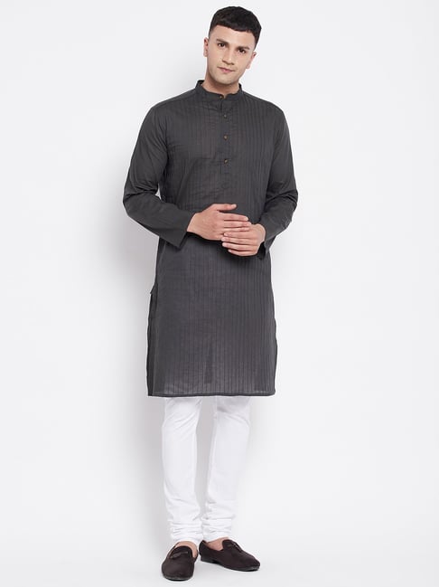 Even Dark Grey Striped Mandarin Collar Kurta