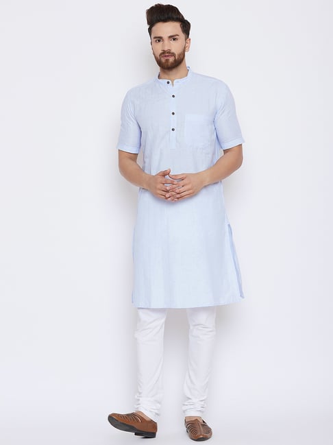 Even Light Blue Striped Mandarin Collar Kurta