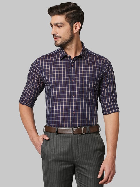 Park Avenue Dark Purple Slim Fit Check Cotton Shirt