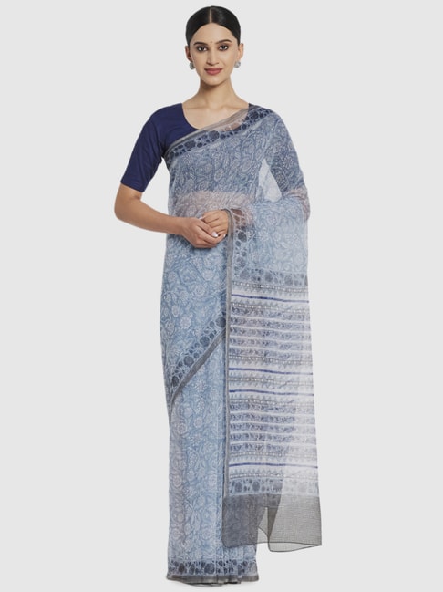 Fabindia Blue Cotton Silk Printed Saree Price in India