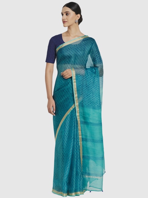 Fabindia Blue Silk Printed Saree Price in India