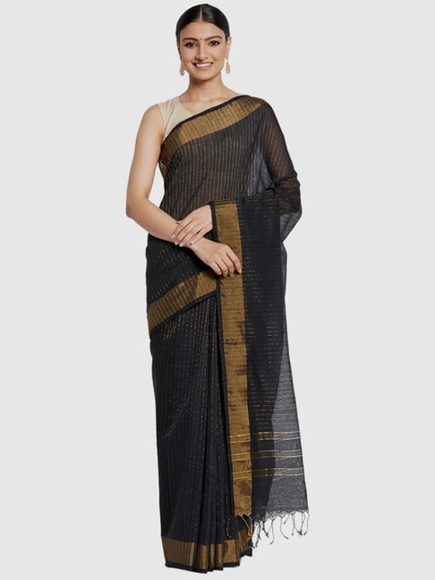 Fabindia Black Cotton Silk Woven Saree Price in India