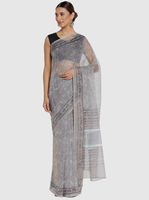 Fabindia Grey Cotton Silk Printed Saree Price in India