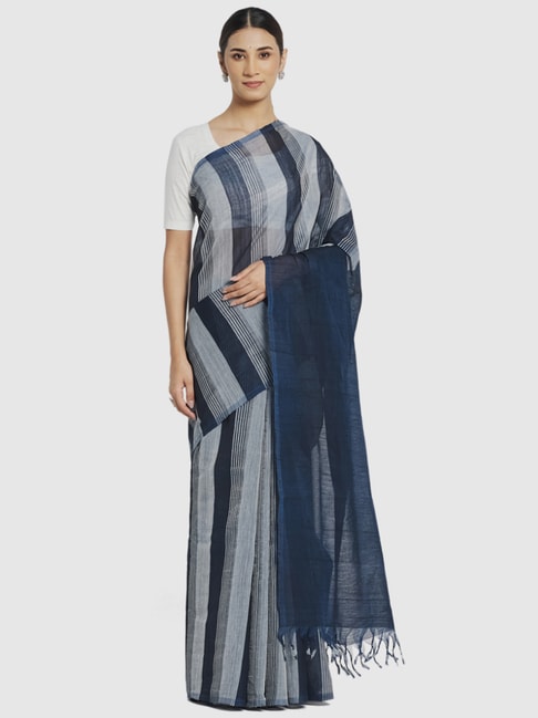 Fabindia Navy & Grey Cotton Striped Saree Price in India