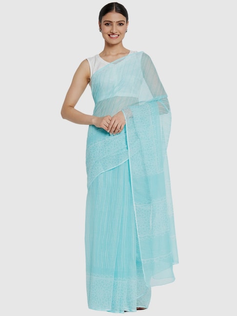 Fabindia Sky Blue Cotton Silk Printed Saree Price in India