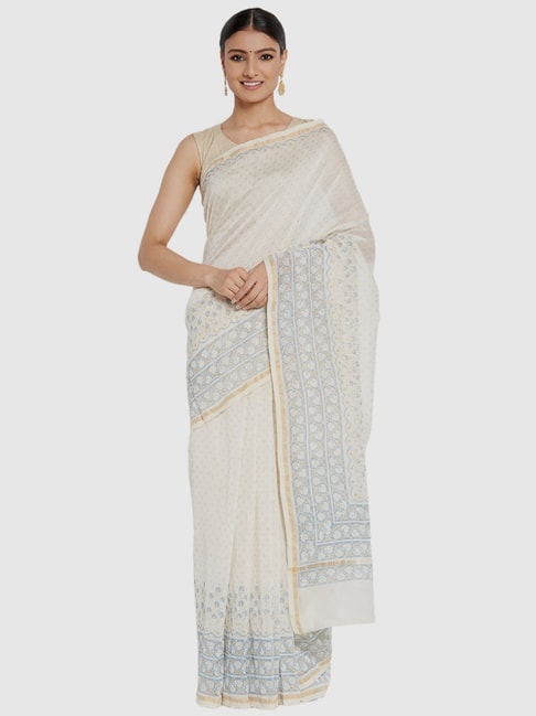 Fabindia White Cotton Silk Printed Saree Price in India