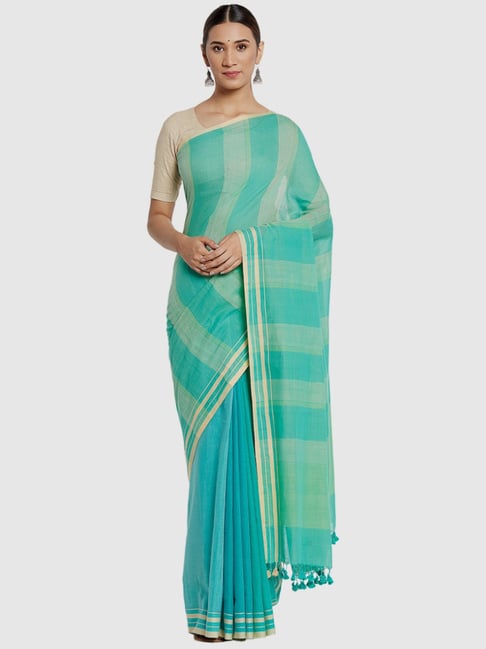 Fabindia Blue & Green Cotton Woven Saree Price in India