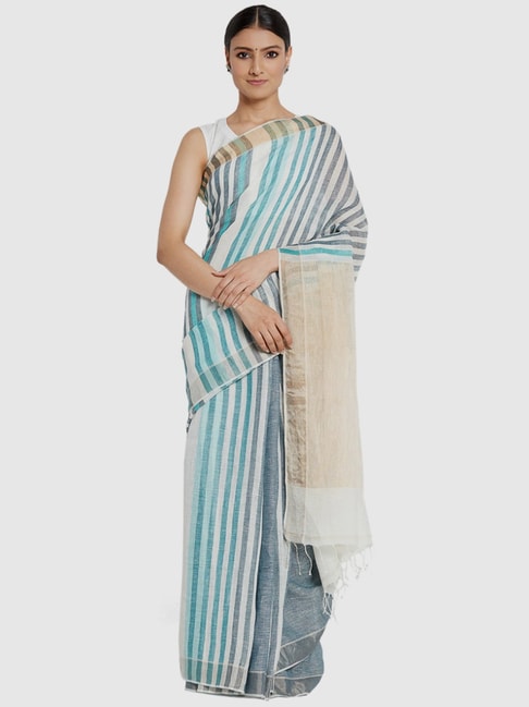 Fabindia Blue & White Linen Striped Saree Price in India