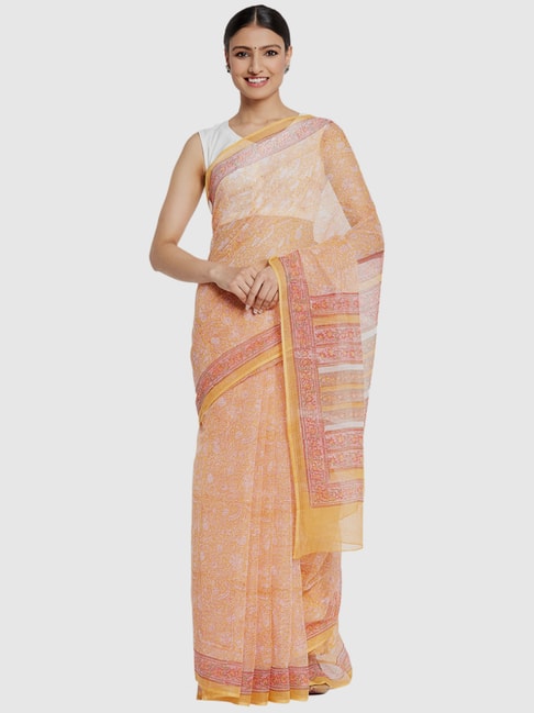 Fabindia Yellow Cotton Silk Printed Saree Price in India