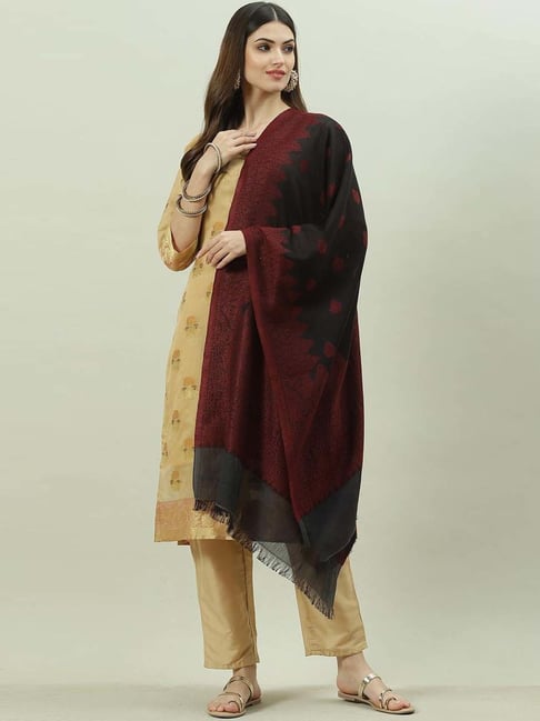 Biba Black & Maroon Woven Pattern Stole