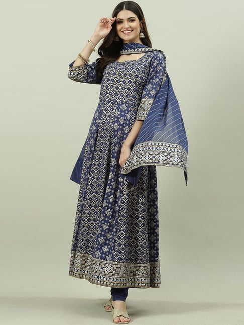 Biba Blue Cotton Printed Kurta Churidar Set With Dupatta