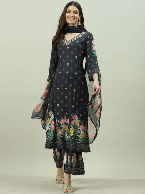 Biba Black Printed Kurta Palazzo Set With Dupatta