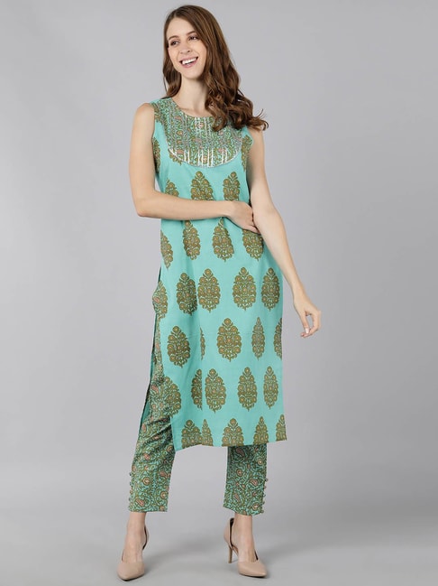 Kipek Teal Green Cotton Printed Kurta Pant Set Price in India