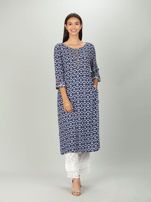 Twara deep blue intricate motifs printed rayon 3/4th sleeve straight-cut  long kurti