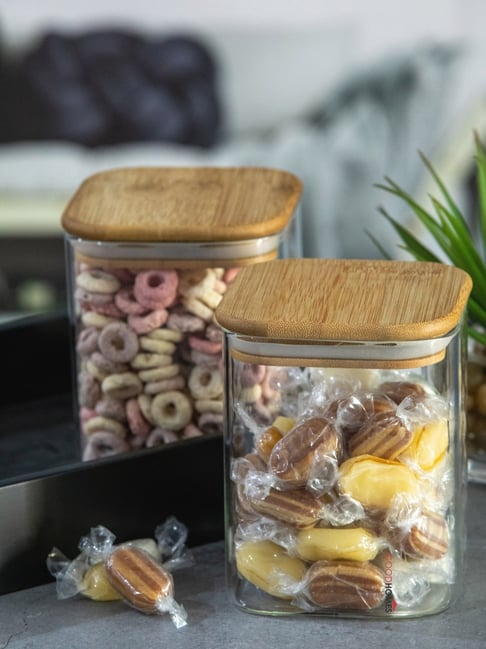 Goodhomes Transparent Glass Storage Jar with Wooden Lid Set of