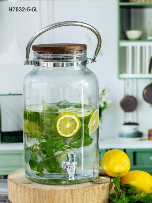 Goodhomes Solid Transparent Glass Dispenser Jar with Wooden Lid (5500ml)