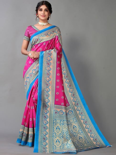 Satrani Pink Printed Saree With Unstitched Blouse Price in India