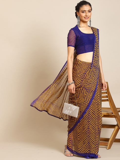 Satrani Blue & Yellow Printed Saree With Unstitched Blouse Price in India