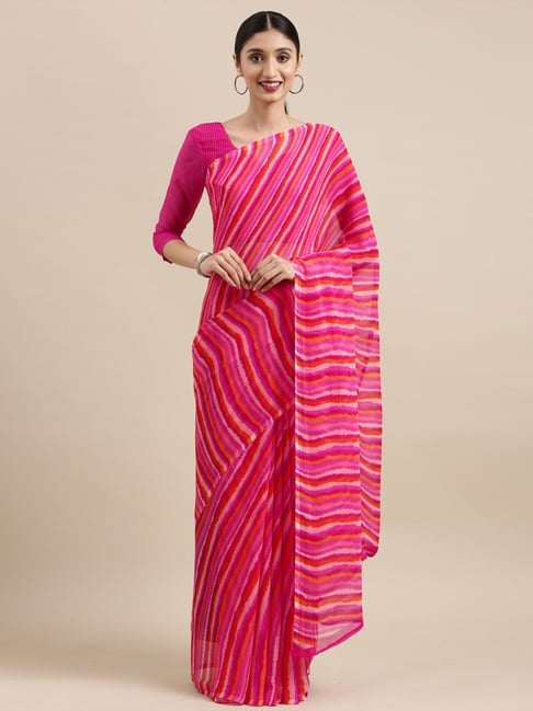 Satrani Pink Striped Saree With Unstitched Blouse Price in India