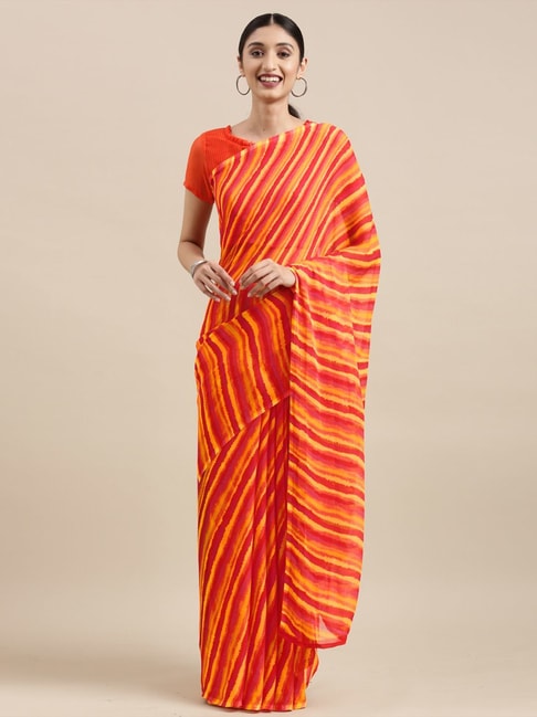 Satrani Orange Striped Saree With Unstitched Blouse Price in India