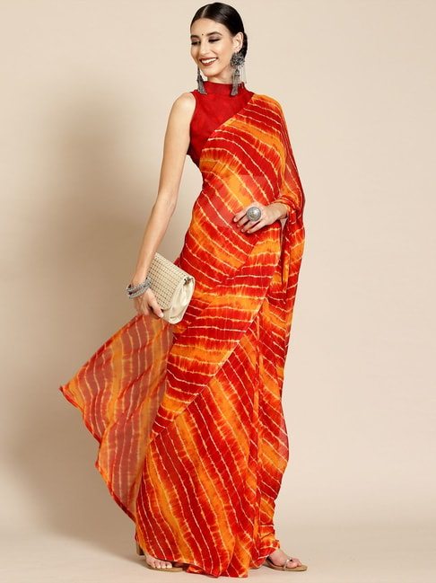 Satrani Red & Yellow Striped Saree With Unstitched Blouse Price in India
