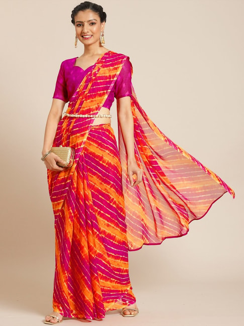 Satrani Orange & Pink Striped Saree With Unstitched Blouse Price in India