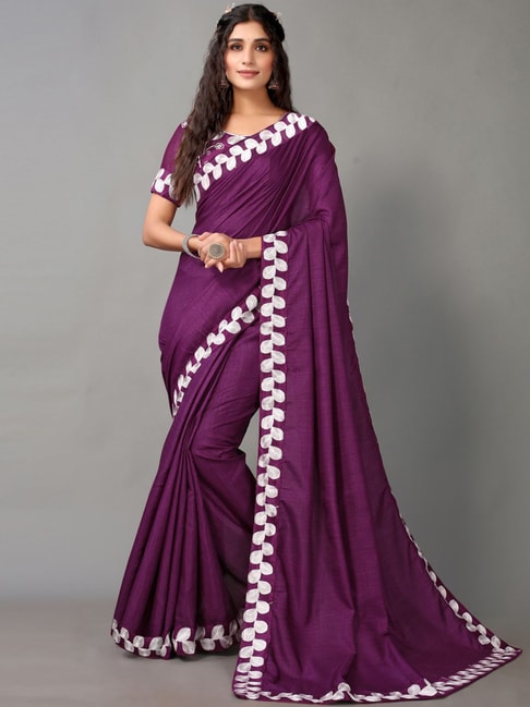 Satrani Purple Embroidered Saree With Unstitched Blouse Price in India