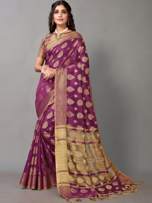 Satrani Purple Cotton Silk Woven Saree With Unstitched Blouse Price in India