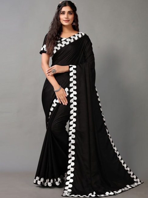 Satrani Black Embroidered Saree With Unstitched Blouse Price in India