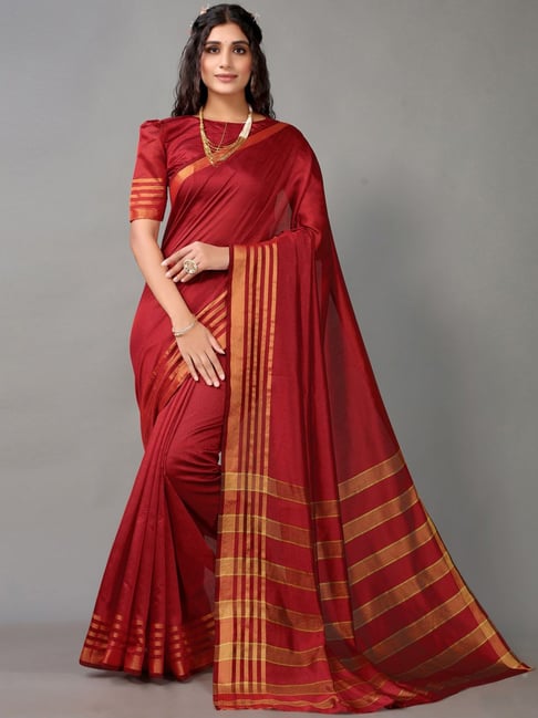 Satrani Maroon Woven Saree With Unstitched Blouse Price in India