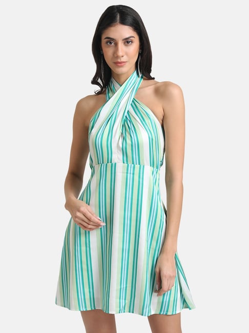 Kazo Green Striped Fit & Flare Dress Price in India