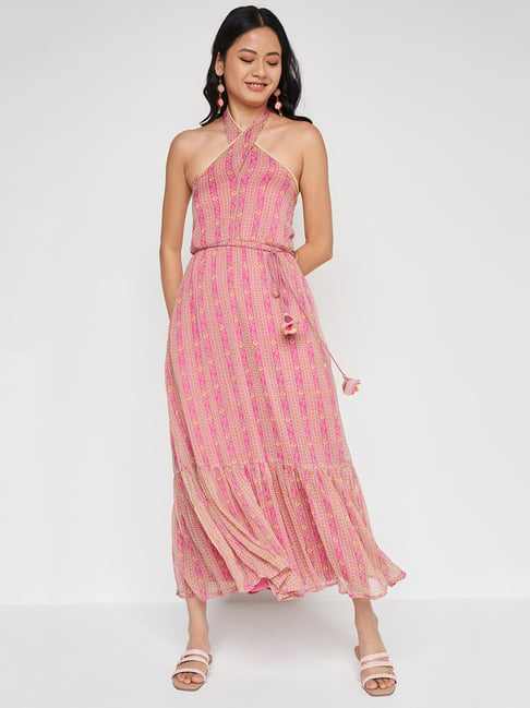 Global Desi Pink Printed Maxi Dress Price in India