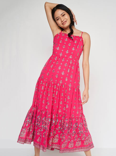 Global Desi Fuchsia Printed Maxi Dress Price in India