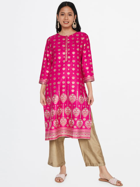 Global Desi Fuchsia Printed A Line Kurta