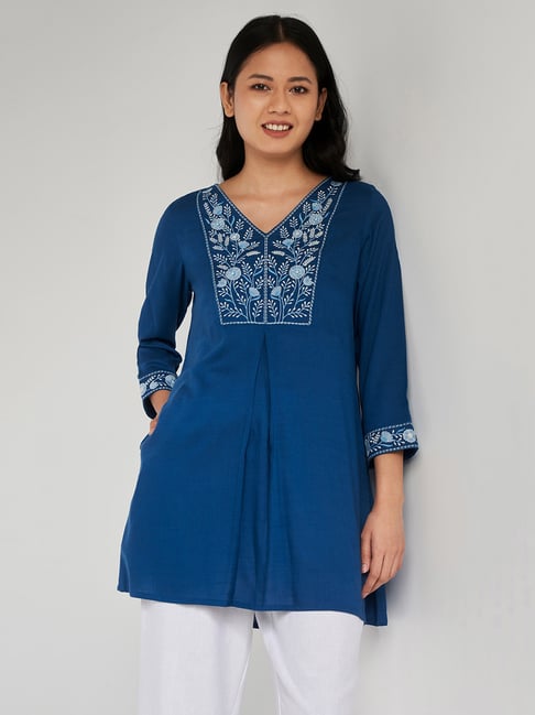 Global Desi Blue Embroidered Tunic