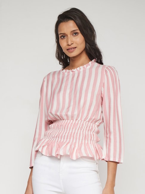 AND Pink Striped Peplum Top Price in India