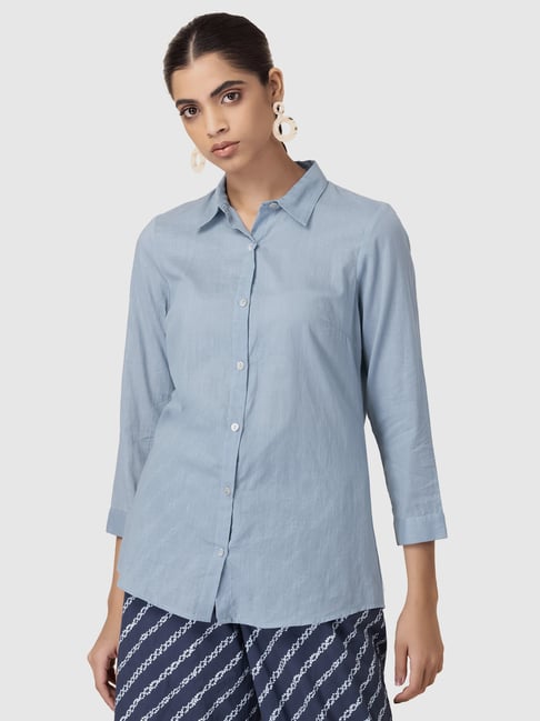 Indya Blue Cotton Regular Fit Shirt Price in India