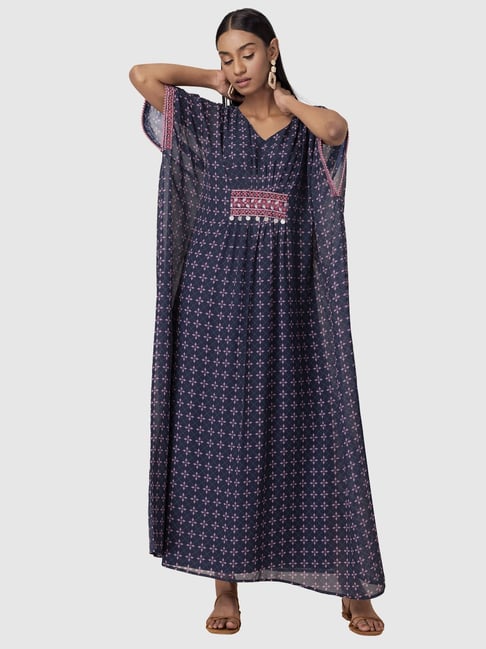 Indya Navy Embroidered A Line Kaftan Price in India